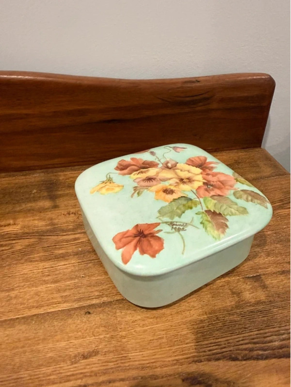 Vintage USA Pottery Mint Green Floral Trinket Box